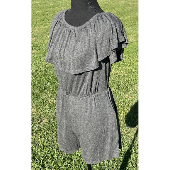 Ruffle Romper Womens Gray Off Shoulder Elastic Waist Knit Jersey Playsuit Casual - Picture 6 of 10